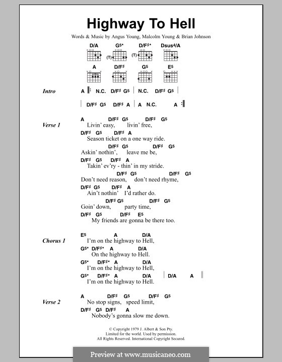 Highway to Hell (AC/DC): Lyrics and chords by Angus Young, Bon Scott, Brian Johnson, Malcolm Young