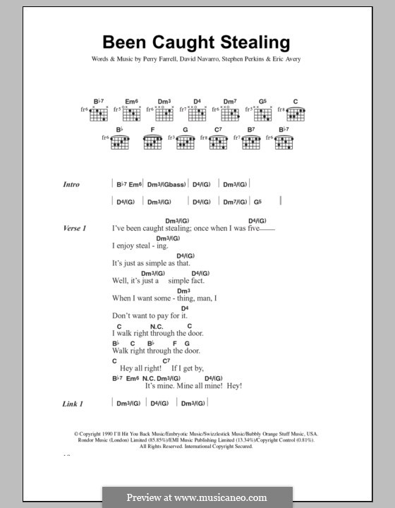 Been Caught Stealing (Jane's Addiction): Lyrics and chords by Dave Navarro, Eric Avery, Perry Farrell, Stephen Perkins