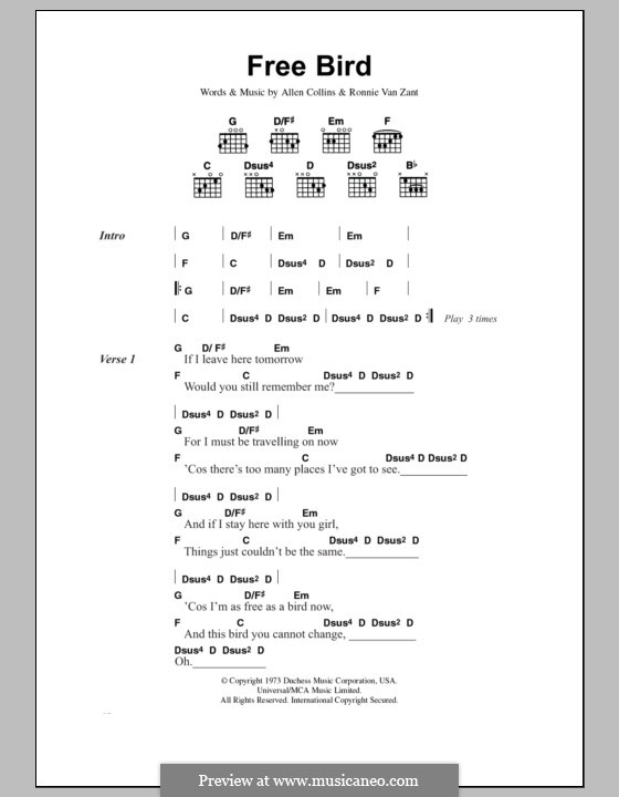 Free Bird (Lynyrd Skynyrd): Lyrics and chords by Allen Collins, Ronnie Van Zant