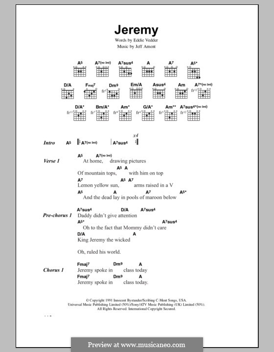 Jeremy (Pearl Jam): Lyrics and chords by Jeff Ament