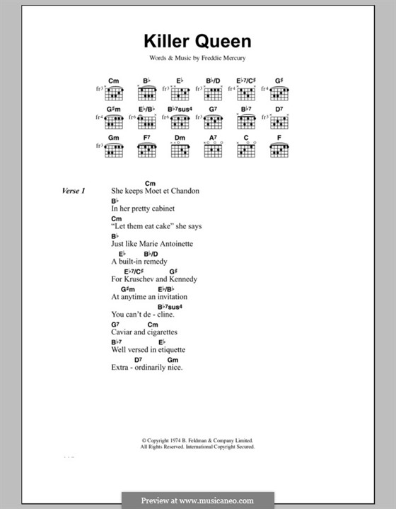 Killer Queen (Queen): Lyrics and chords by Freddie Mercury