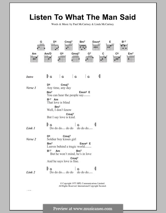 Listen to What the Man Said (Wings): Lyrics and chords by Linda McCartney, Paul McCartney