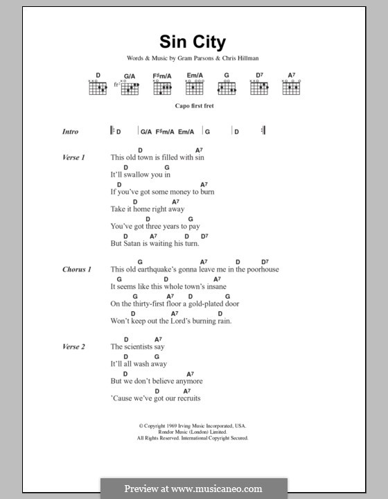 Sin City (The Flying Burrito Brothers): Lyrics and chords by Chris Hillman, Gram Parsons