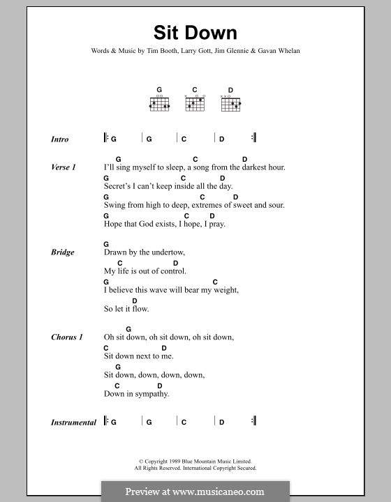 Sit Down (James): Lyrics and chords by Gavan Whelan, Jim Glennie, Lawrence Gott, Tim Booth
