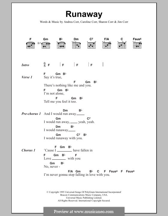 Runaway (The Corrs): Lyrics and chords by Andrea Corr, Caroline Corr, Jim Corr, Sharon Corr