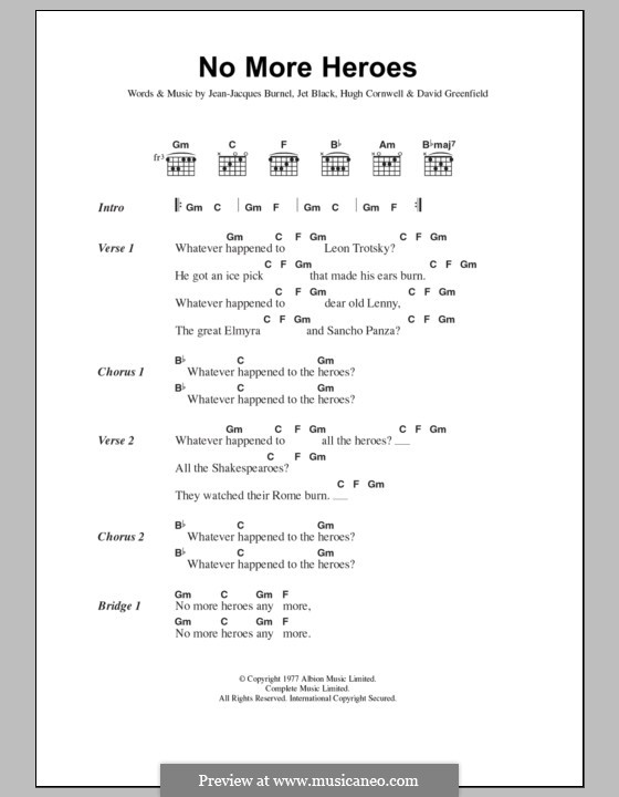 No More Heroes (The Stranglers): Lyrics and chords by David Greenfield, Hugh Cornwell, Jean-Jacques Burnel, Jet Black