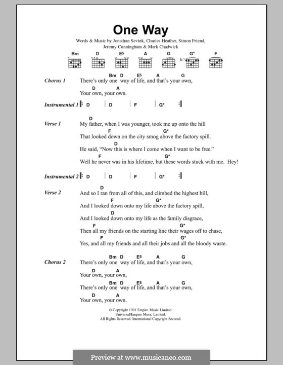 One Way (The Levellers): Lyrics and chords by Charles Heather, Jeremy Cunningham, Jonathan Sevink, Mark Chadwick, Simon Friend
