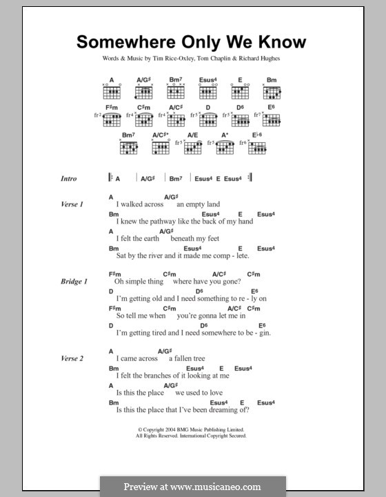 Somewhere Only We Know (Keane): Lyrics and chords by Richard Hughes, Tim Rice-Oxley, Tom Chaplin