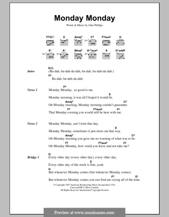 Monday Monday (The Mamas & The Papas): Lyrics and chords by John Phillips