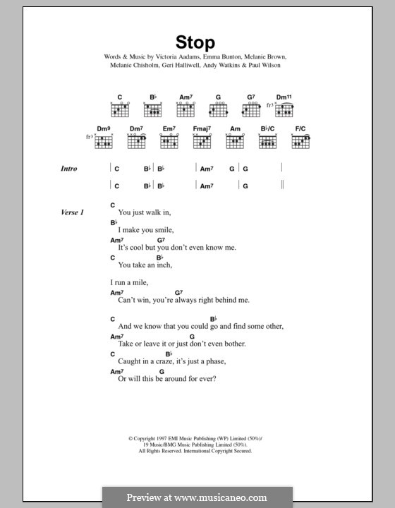 Stop (The Spice Girls): Lyrics and chords by Andy Watkins, Emma Bunton, Geri Halliwell, Melanie Brown, Melanie C, Paul Wilson, Victoria Adams