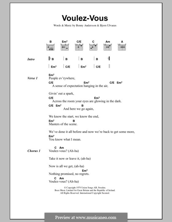 Voulez Vous (ABBA): Lyrics and chords by Benny Andersson, Björn Ulvaeus