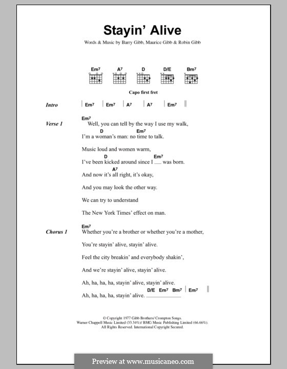 Stayin' Alive (The Bee Gees): Lyrics and chords by Barry Gibb, Maurice Gibb, Robin Gibb