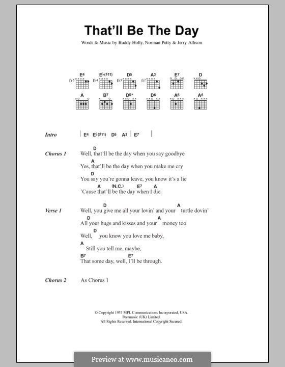 That'll Be the Day: Lyrics and chords by Buddy Holly, Jerry Allison, Norman Petty