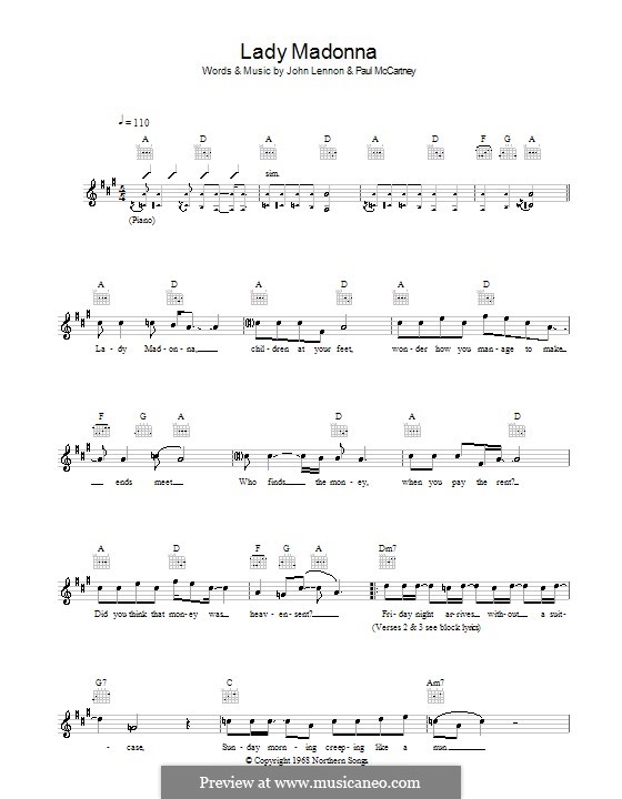 Lady Madonna (The Beatles): Melody line, lyrics and chords by John Lennon, Paul McCartney