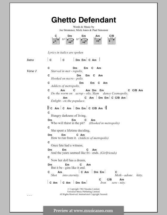 Ghetto Defendant (The Clash): Lyrics and chords by Joe Strummer, Mick Jones, Paul Simonon