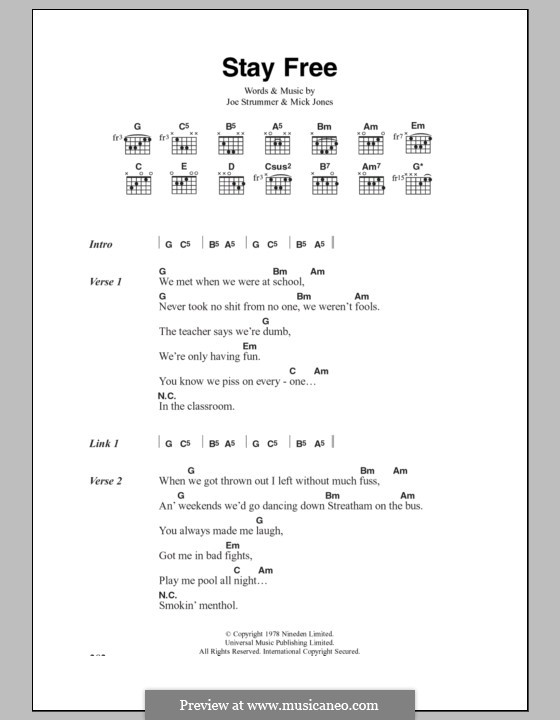 Stay Free (The Clash): Lyrics and chords by Joe Strummer, Mick Jones