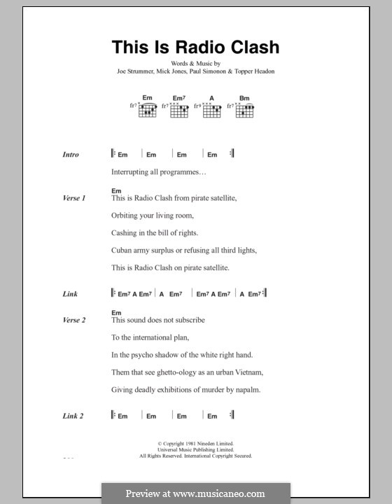 This Is Radio Clash (The Clash): Lyrics and chords by Joe Strummer, Mick Jones, Paul Simonon, Topper Headon