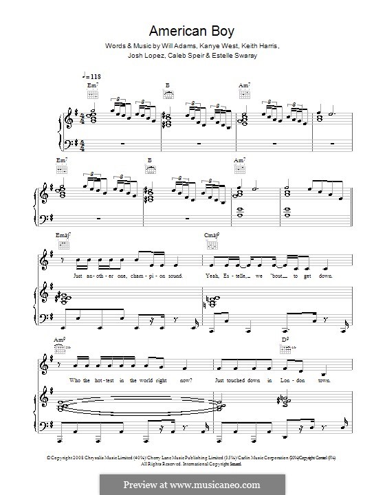 American Boy (Estelle): For voice and piano (or guitar) by Caleb Speir, Estelle Swaray, John Stephens, Joshua Lopez, Kanye West, Keith Harris, will.i.am