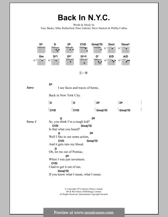 Back in N.Y.C.: Lyrics and chords by Tony Banks, Mike Rutherford, Peter Gabriel, Phil Collins, Steve Hackett