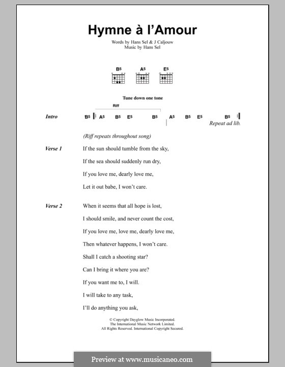 Hymne a l'Amour: Lyrics and chords by Hans Sel