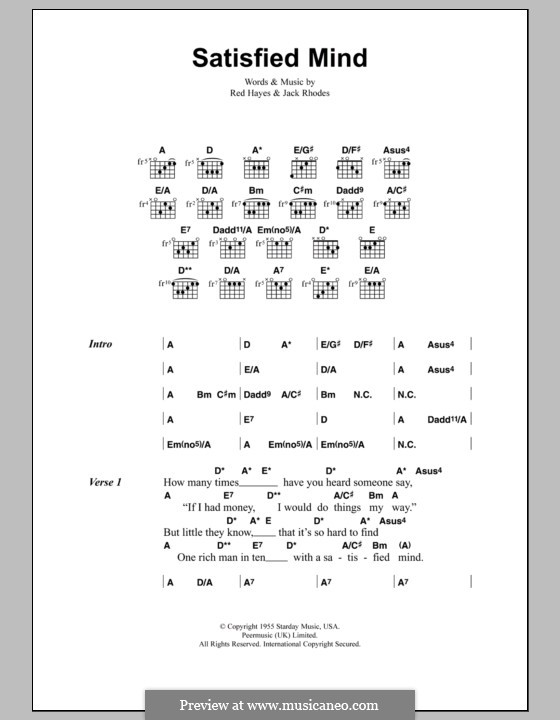A Satisfied Mind: Lyrics and chords by Jack Rhodes, Red Hayes