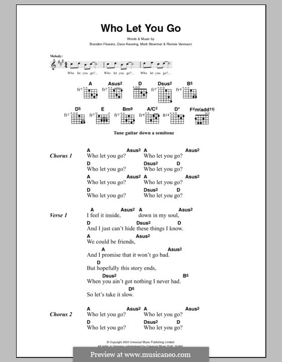 Who Let You Go (The Killers): Lyrics and chords by Brandon Flowers, Dave Keuning, Mark Stoermer, Ronnie Vannucci