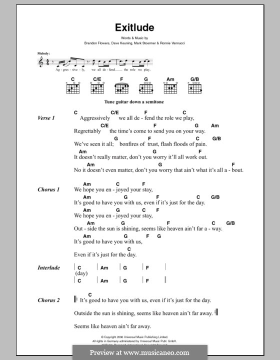 Exitlude (The Killers): Lyrics and chords by Brandon Flowers, Dave Keuning, Mark Stoermer, Ronnie Vannucci