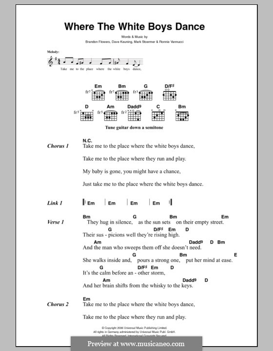 Where the White Boys Dance (The Killers): Lyrics and chords by Brandon Flowers, Dave Keuning, Mark Stoermer, Ronnie Vannucci