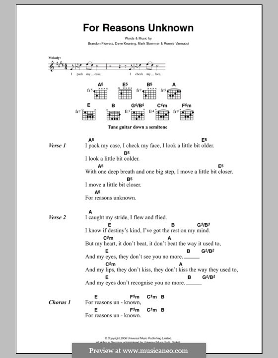 For Reasons Unknown (The Killers): Lyrics and chords by Brandon Flowers, Dave Keuning, Mark Stoermer, Ronnie Vannucci