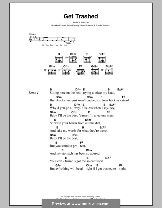 Get Trashed (The Killers): Lyrics and chords by Brandon Flowers, Dave Keuning, Mark Stoermer, Ronnie Vannucci