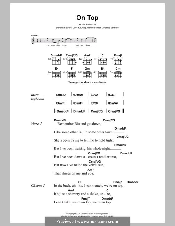 On Top (The Killers): Lyrics and chords by Brandon Flowers, Dave Keuning, Mark Stoermer, Ronnie Vannucci