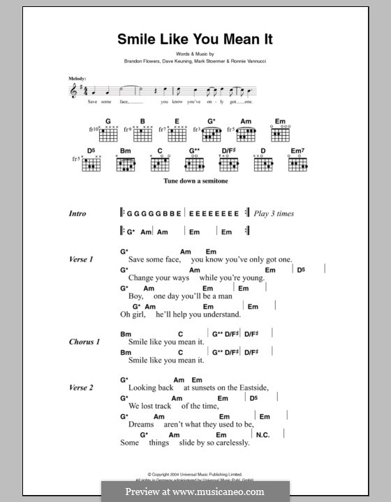 Smile Like You Mean it (The Killers): Lyrics and chords by Brandon Flowers, Dave Keuning, Mark Stoermer, Ronnie Vannucci