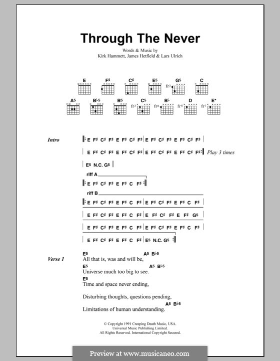 Through the Never (Metallica): Lyrics and chords by James Hetfield, Kirk Hammett, Lars Ulrich