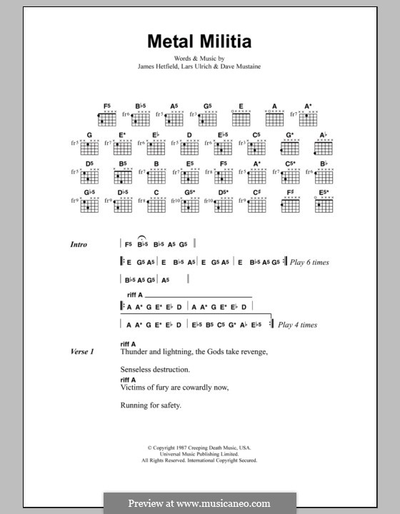 Metal Militia (Metallica): Lyrics and chords by Dave Mustaine, James Hetfield, Lars Ulrich