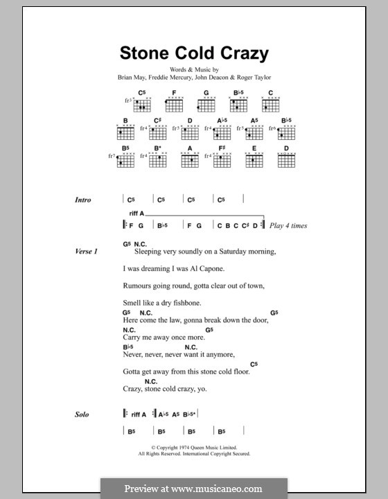 Stone Cold Crazy (Queen): Lyrics and chords by Brian May, Freddie Mercury, John Deacon, Roger Taylor