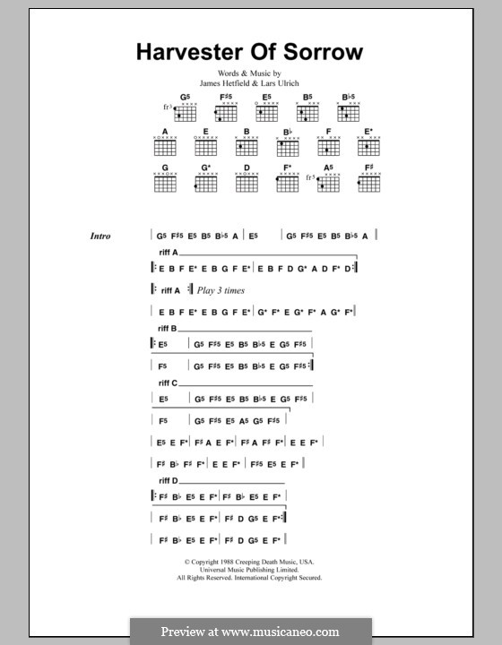 Harvester of Sorrow (Metallica): Lyrics and chords by James Hetfield, Lars Ulrich