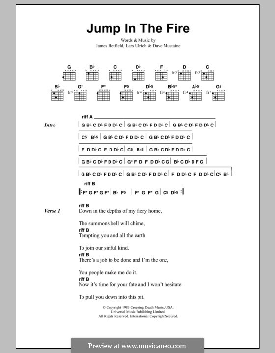 Jump in the Fire (Metallica): Lyrics and chords by Dave Mustaine, James Hetfield, Lars Ulrich