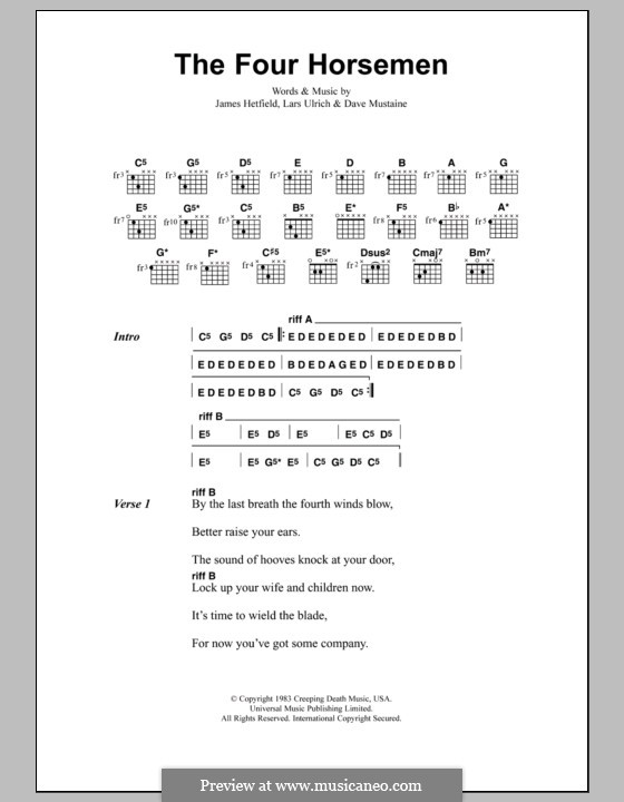 The Four Horsemen (Metallica): Lyrics and chords by Dave Mustaine, James Hetfield, Lars Ulrich