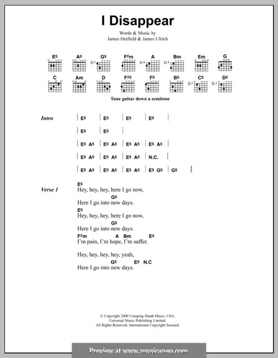 I Disappear (Metallica): Lyrics and chords by James Hetfield, Lars Ulrich