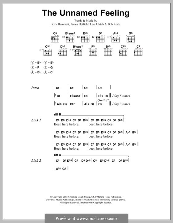 The Unnamed Feeling (Metallica): Lyrics and chords by Bob Rock, James Hetfield, Kirk Hammett, Lars Ulrich