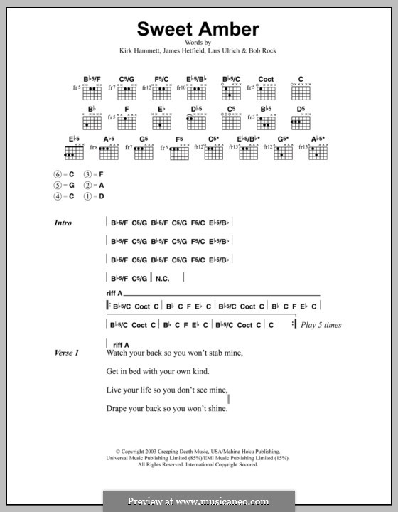 Sweet Amber (Metallica): Lyrics and chords by Bob Rock, James Hetfield, Kirk Hammett, Lars Ulrich