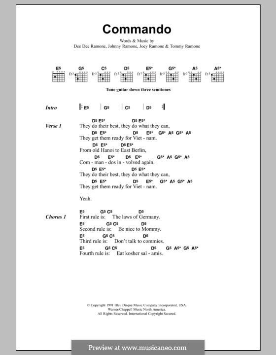 Commando (Metallica): Lyrics and chords by Dee Dee Ramone, Joey Ramone, Johnny Ramone, Tommy Ramone