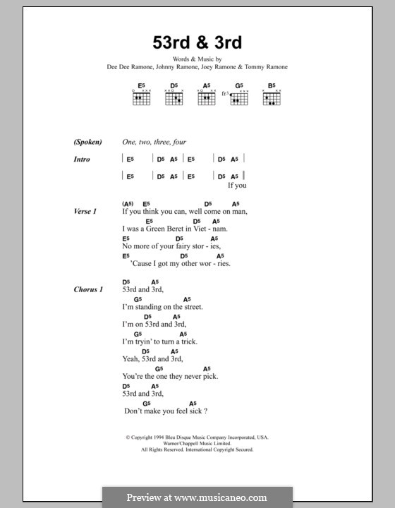 53rd and 3rd (Metallica): Lyrics and chords by Dee Dee Ramone, Joey Ramone, Johnny Ramone, Tommy Ramone