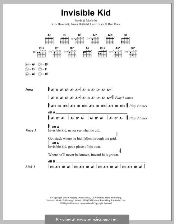 Invisible Kid (Metallica): Lyrics and chords by Bob Rock, James Hetfield, Kirk Hammett, Lars Ulrich