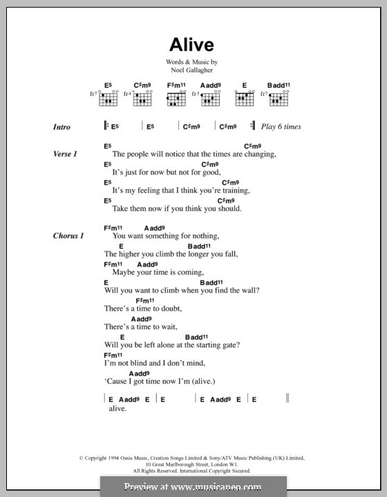 Alive (Oasis): Lyrics and chords by Noel Gallagher