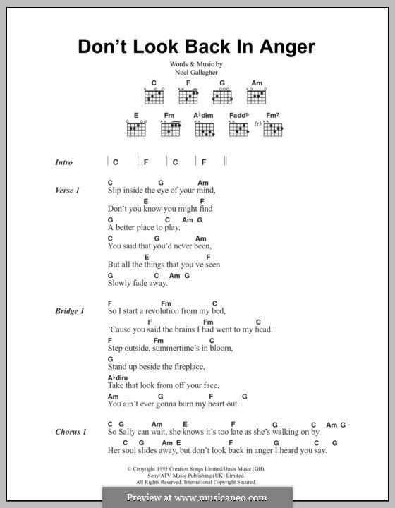 Don't Look Back in Anger (Oasis): Lyrics and chords by Noel Gallagher