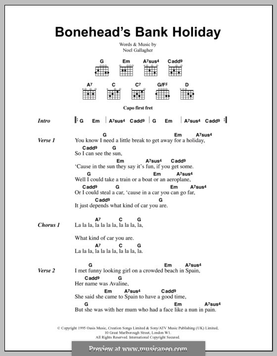 Bonehead's Bank Holiday (Oasis): Lyrics and chords by Noel Gallagher