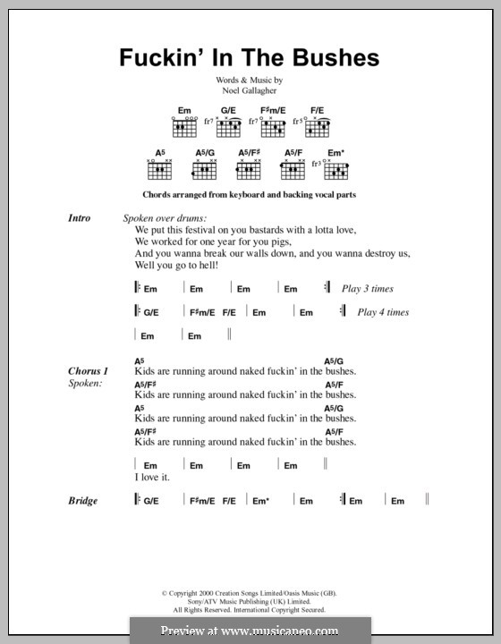 Fuckin' in the Bushes (Oasis): Lyrics and chords by Noel Gallagher