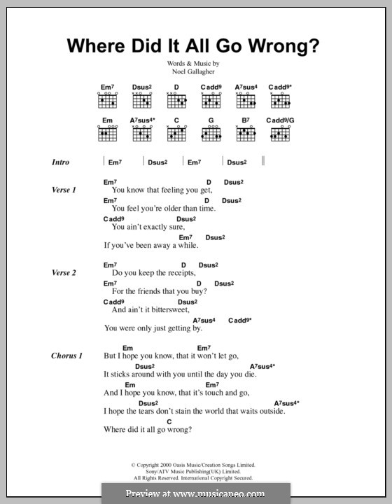 Where Did It All Go Wrong? (Oasis): Lyrics and chords by Noel Gallagher