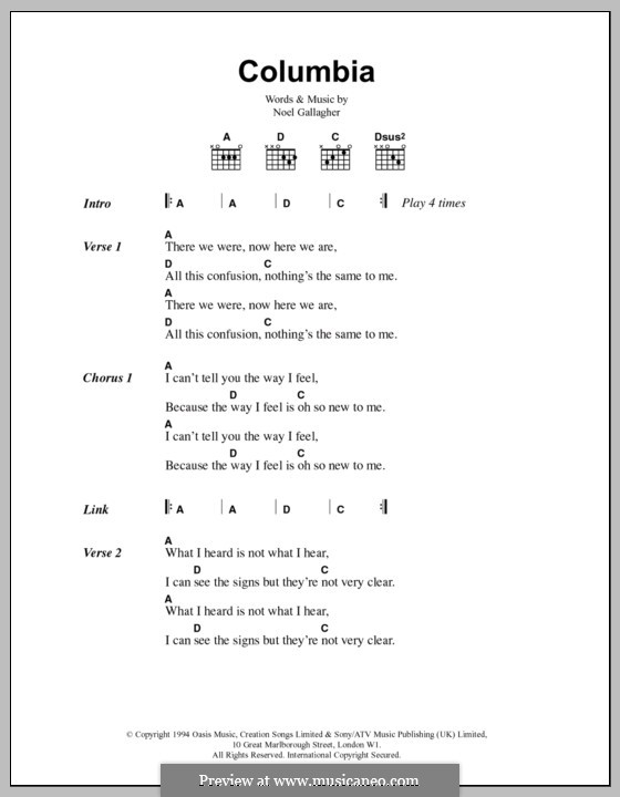 Columbia (Oasis): Lyrics and chords by Noel Gallagher